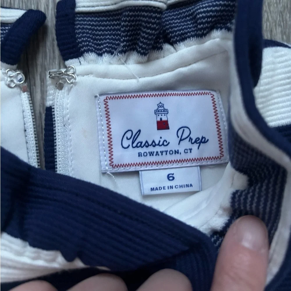Classic Prep Girls Navy & White Striped Ruffle Collar Dress size 6